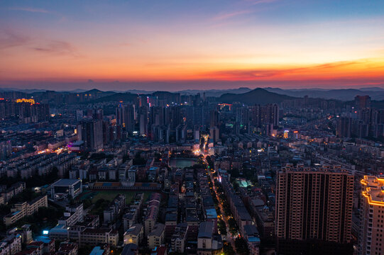 航拍湖南郴州城市夜景风光