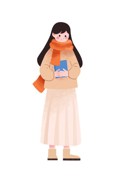 扁平肌理插画秋冬拿着书的少女