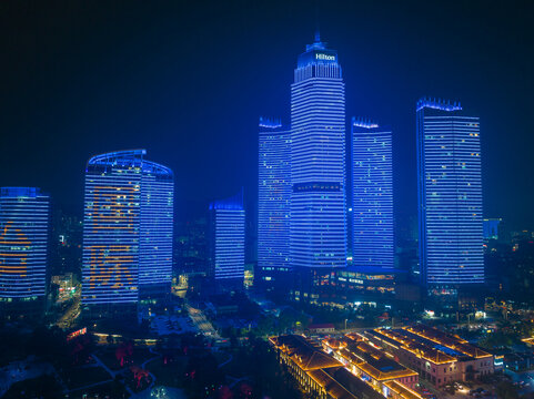 航拍烟台滨海广场夜景