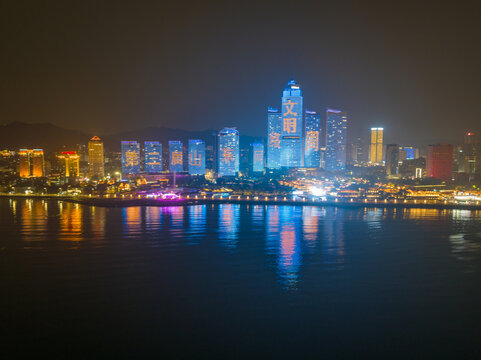 航拍烟台滨海广场夜景