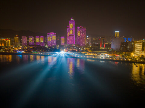 航拍烟台滨海广场夜景