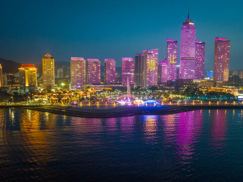 航拍烟台滨海广场夜景