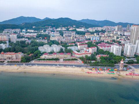 航拍烟台海滨日出