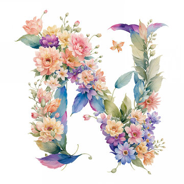 水彩花卉字母设计N