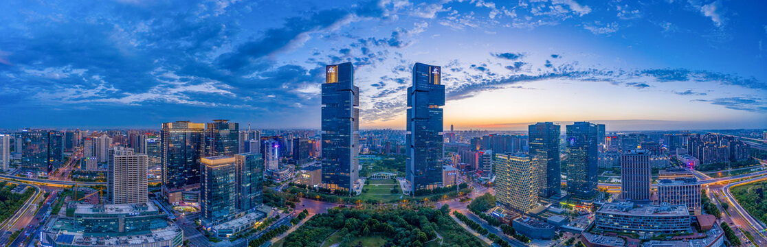 航拍郑州绿地双子塔天际线夜景