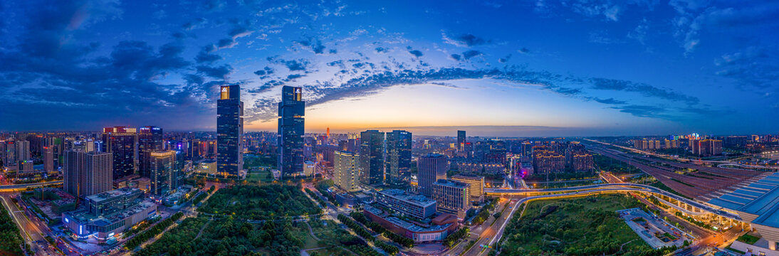 航拍郑州绿地双子塔天际线夜景