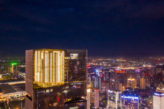 航拍郑州绿地双子塔天际线夜景