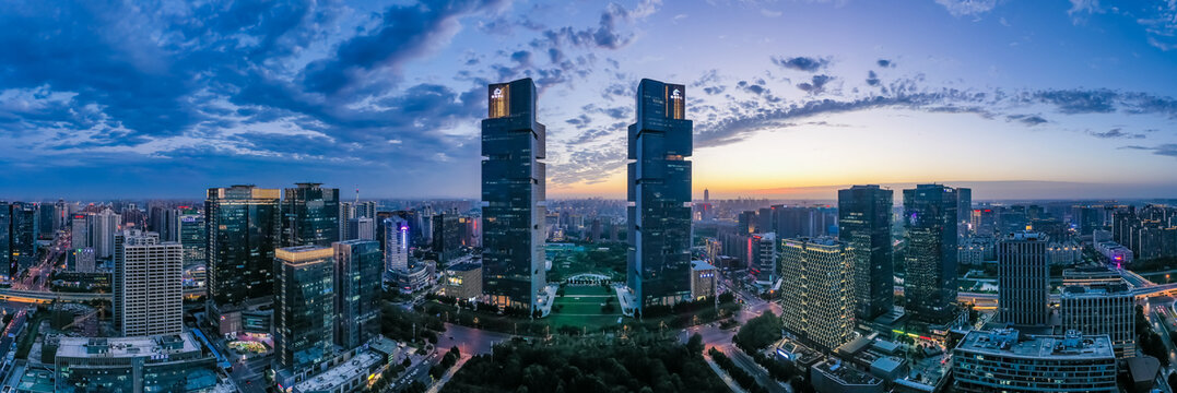 航拍郑州绿地双子塔天际线夜景