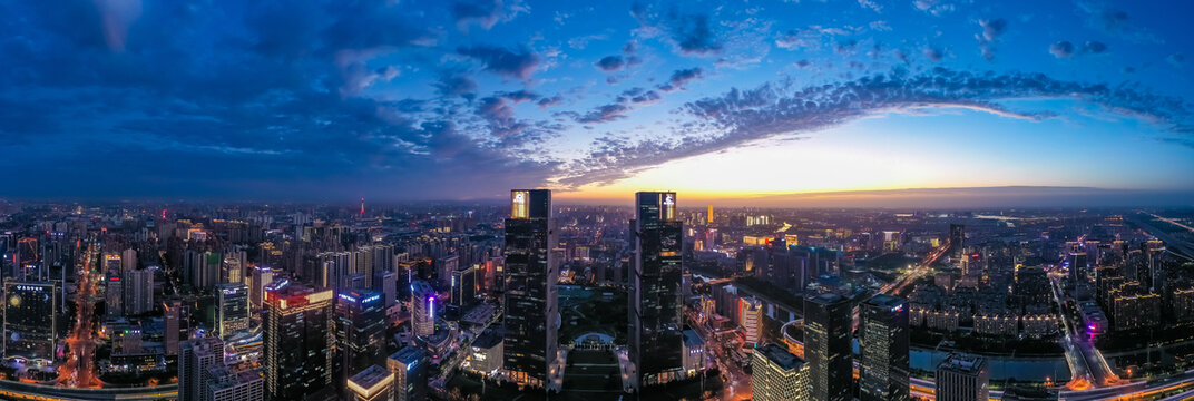 航拍郑州绿地双子塔天际线夜景