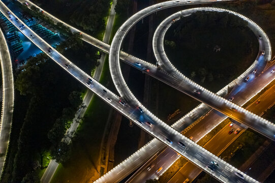 航拍城市立交桥高架桥道路夜景