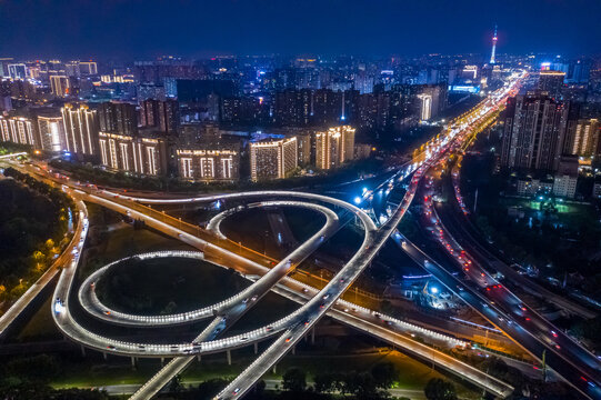 航拍城市立交桥高架桥道路夜景