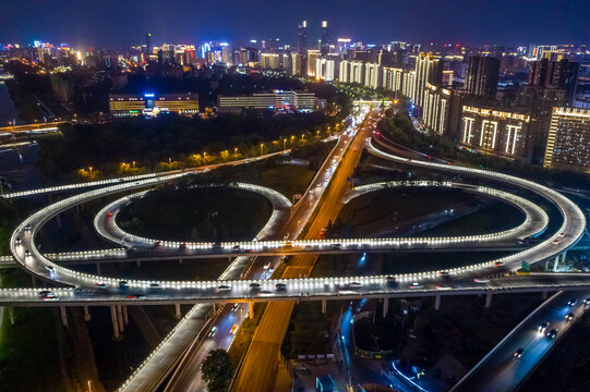 航拍城市立交桥高架桥道路夜景