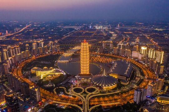 航拍郑州大玉米楼千玺广场夜景