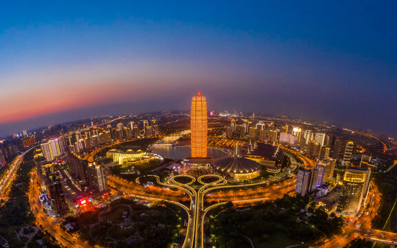 航拍郑州大玉米楼千玺广场夜景