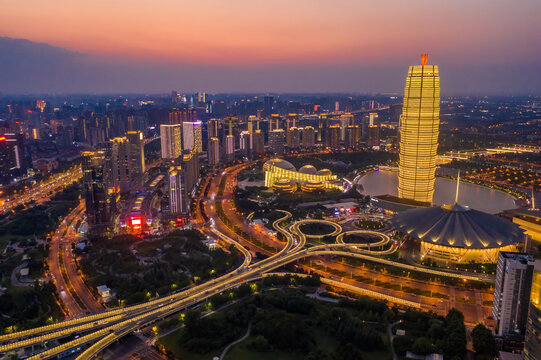 航拍郑州大玉米楼千玺广场夜景