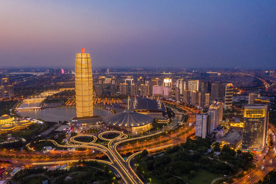 航拍郑州大玉米楼千玺广场夜景