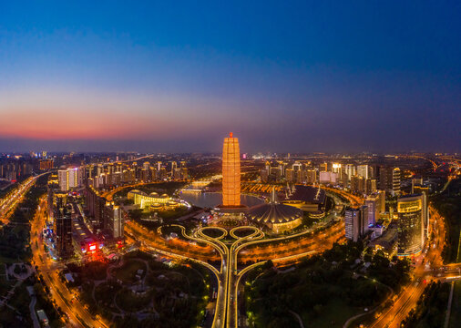 航拍郑州大玉米楼千玺广场夜景