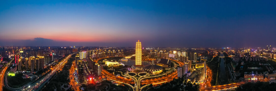 航拍郑州大玉米楼千玺广场夜景