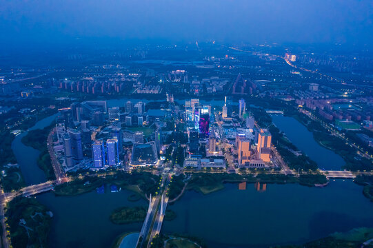 航拍郑州龙子湖智慧岛夜景灯光