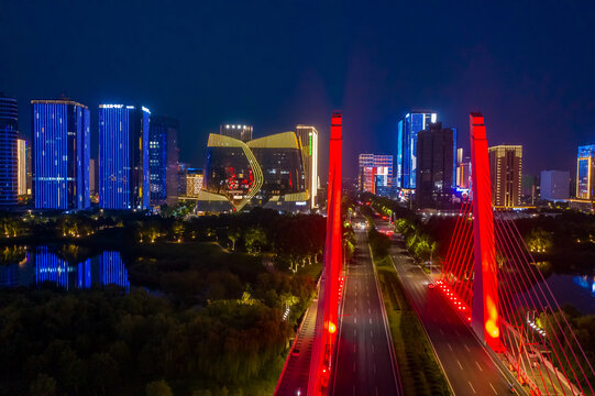 航拍郑州龙子湖智慧岛夜景灯光