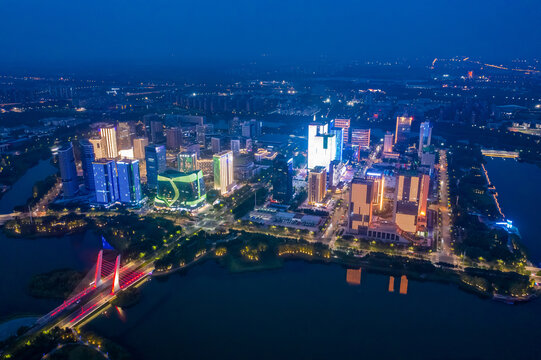 航拍郑州龙子湖智慧岛夜景灯光