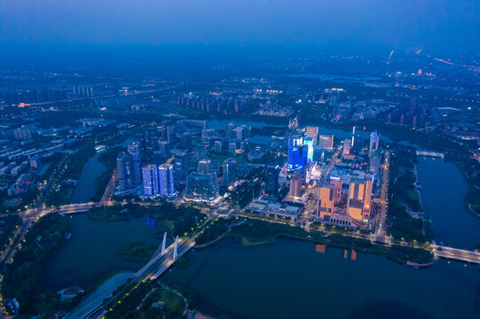 航拍郑州龙子湖智慧岛夜景灯光