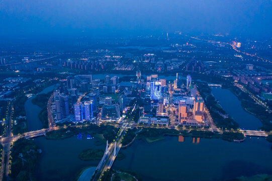 航拍郑州龙子湖智慧岛夜景灯光