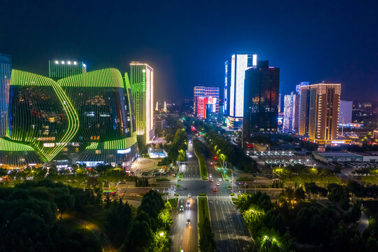 航拍郑州龙子湖智慧岛夜景灯光