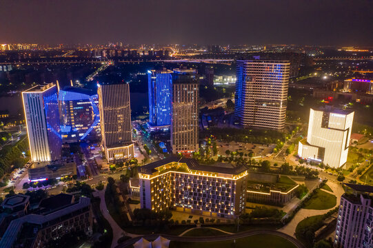 航拍郑州龙子湖智慧岛夜景灯光