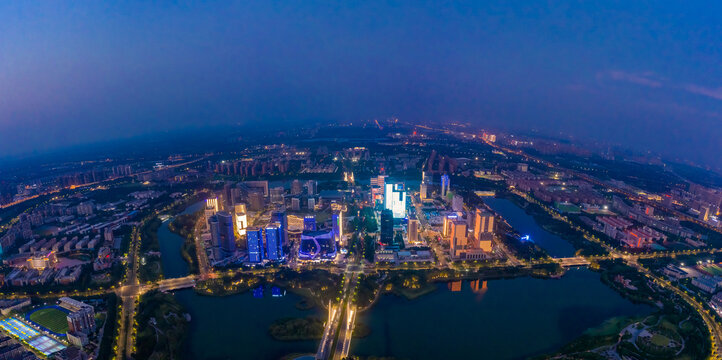 航拍郑州龙子湖智慧岛夜景灯光