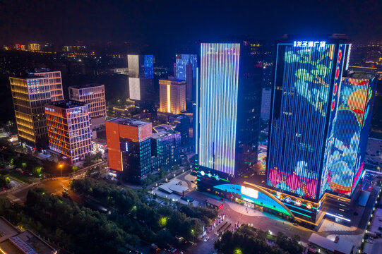 航拍郑州龙子湖智慧岛夜景灯光