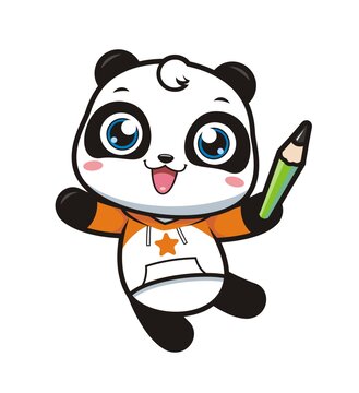 卡通可爱熊猫拿铅笔