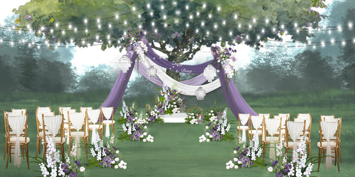 白紫色户外布幔婚礼效果图