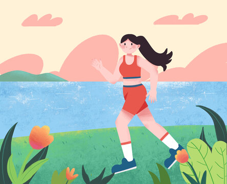 扁平河流边草地上跑步的少女