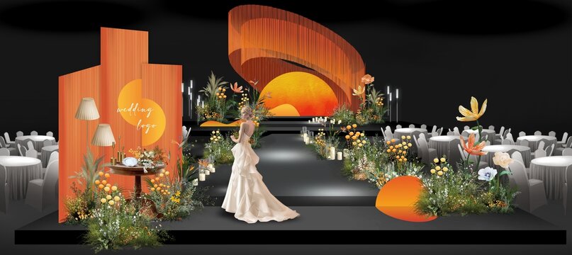 橙色线帘婚礼效果图