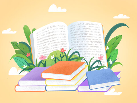 教育学习书堆和植物