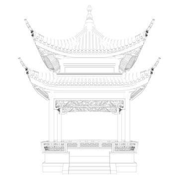 重檐方亭立面线稿图