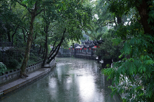 夏天雨中园林岸边