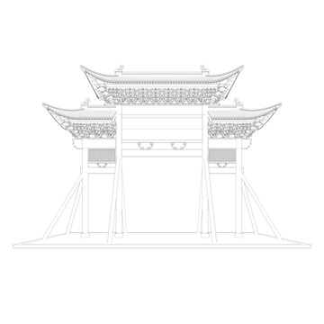 彩绘牌楼立面线稿图