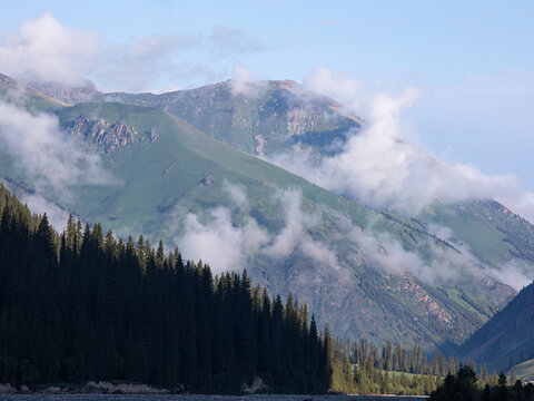 早晨雾气中的高山风景