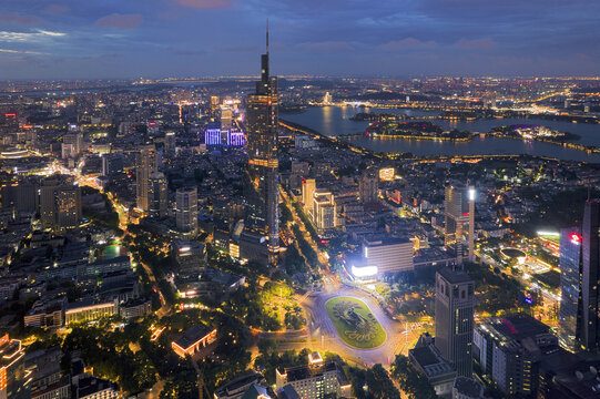 南京紫峰大厦航拍城市风光夜景