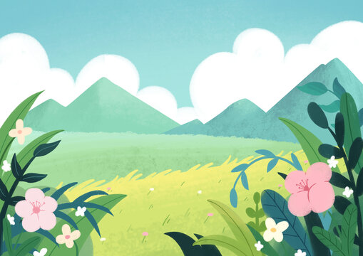 自然风景草原植物花卉山插画