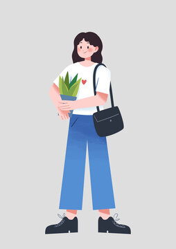扁平人物抱着植物盆栽的女孩