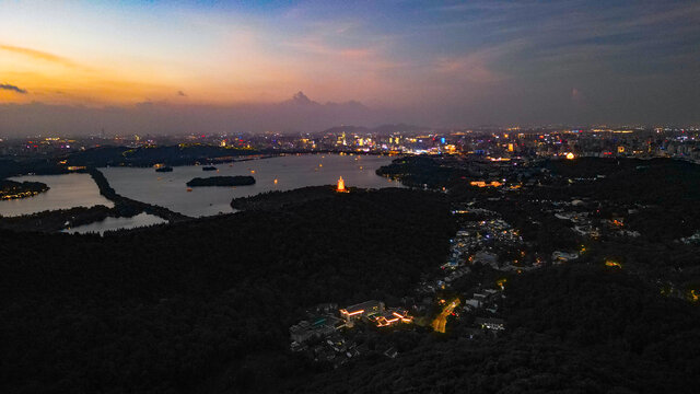 杭州西湖夜景航拍