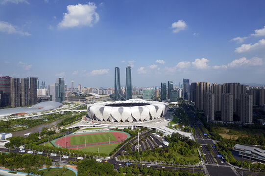 杭州奥体中心航拍城市风光