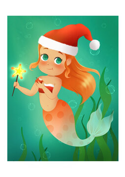 圣诞节小美人鱼海星魔法棒苹果