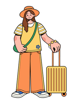 女孩拖着行李箱旅游插画元素