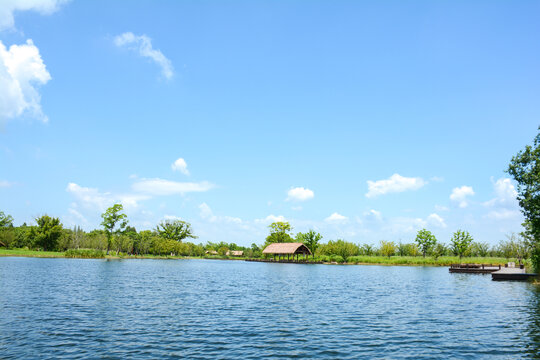 蓝天白云绿树湖面