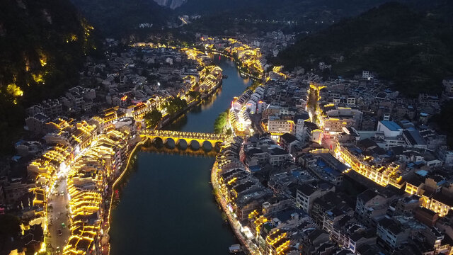 贵州航拍镇远古镇小城夜景