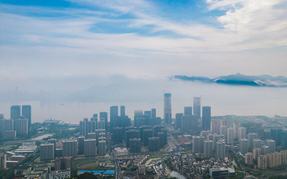 晨雾中的温州城市风光